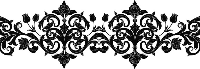 Black baroque floral horizontal border vector featuring repeating symmetrical rose and tulip flourishes, ideal for elegant page dividers, textile prints, and luxury decoration strip.