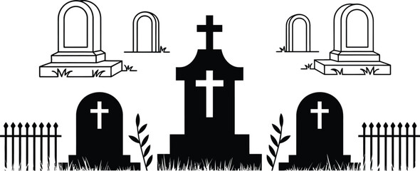 Collection of gravestone vector illustrations simple black and white cemetery elements isolated on a white background