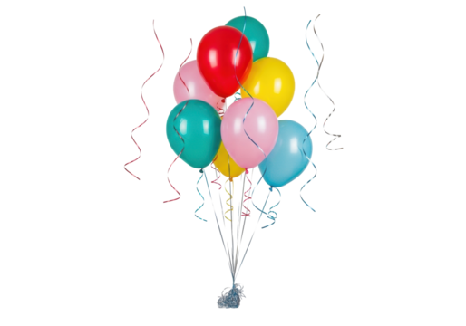Vibrant red, teal, yellow, pink, light blue balloons, shimmering streamers and confetti, isolated on a transparent background, bright studio light, festive product concept
