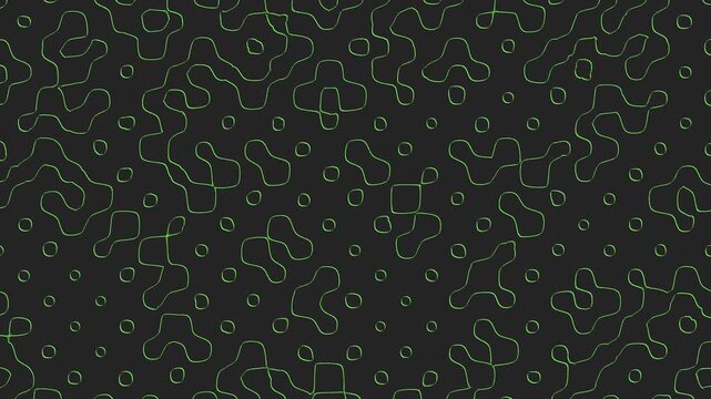Repetitive black and green pattern with lines of small circles and shapes of small squares, creating an intricate and stylish design that continues endlessly