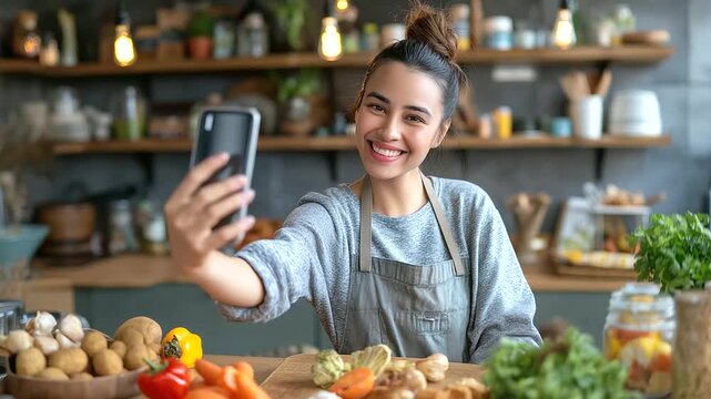 Diet coach vlogger Asian woman giving HDL meal plan tips on selfie video, kitchen counter props, organized nutrition boards, with copy space