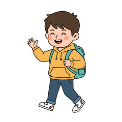 A Cheerful Cartoon Boy With Brown Hair Wearing A Yellow Hoodie And Blue Jeans Waving While Carrying A Teal Backpack On A Transparent Background