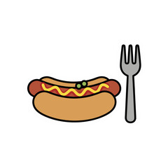 A Delicious Hot Dog with Mustard and Relish Served with a Fork on a Black Background Vector Illustration