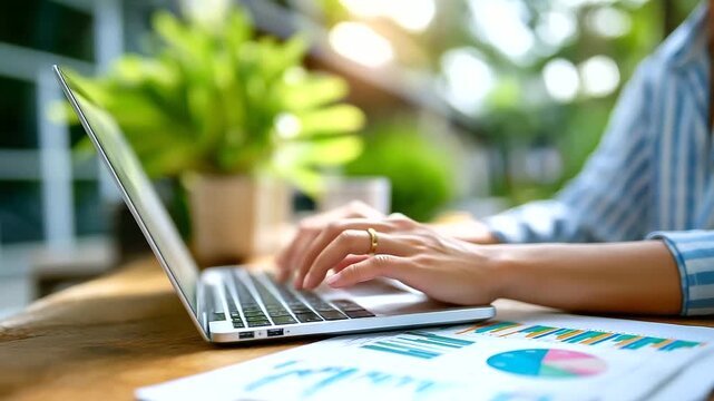 Asian professional reviewing monthly cost variance report, ESG sheets and ERP dashboard on laptop, tax audit office vibe, with copy space