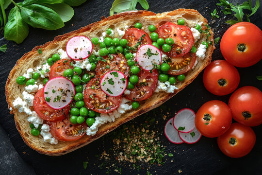 A delicious vegetarian toast on crispy bread, garnished with fresh vegetables and cream cheese.  