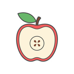 A simple graphic illustration of a sliced apple with a leaf and stem on a transparent background in a flat vector art style