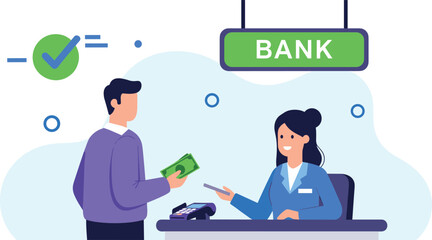 Bank transaction, cash payment, financial service, customer interaction, teller desk, money exchange, banking approval, flat vector illustration