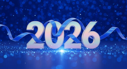 Iridescent number 2026 with a blue ribbon on a blue bokeh backdrop, symbolizing the upcoming year and celebrations of new beginnings