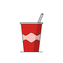 A vibrant red disposable cup with a white wavy stripe and a light gray lid and straw, set against a stark black background. This graphic illustration depicts a refreshing beverage.