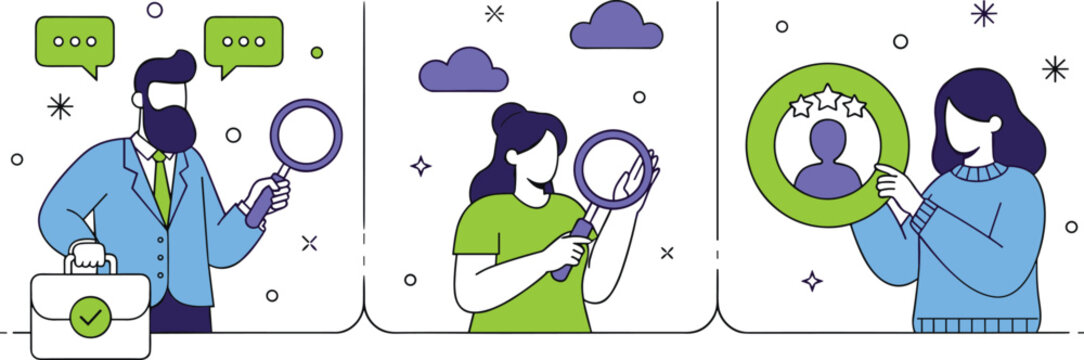 Evaluation process, candidate analysis, professional recognition, rating system, recruitment concept, performance review, talent assessment, flat vector illustration