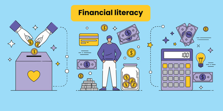 Financial literacy, money management, budgeting skills, saving habits, investment ideas, economic education, smart finance, flat vector illustration