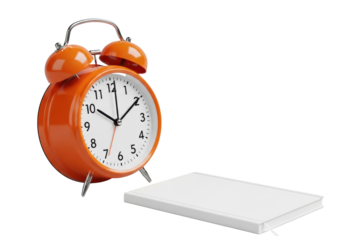 Vibrant orange retro analog alarm clock with spherical bells, black Arabic numerals at 9:45, and a white minimalist notebook isolated on a transparent background. Precision and minimalist aesthetic