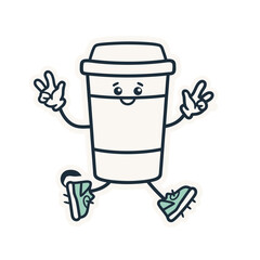 Animated Coffee Cup Character With Arms Legs Gloves Sneakers Smiling With Peace Signs Raised In The Air Against A Black Background