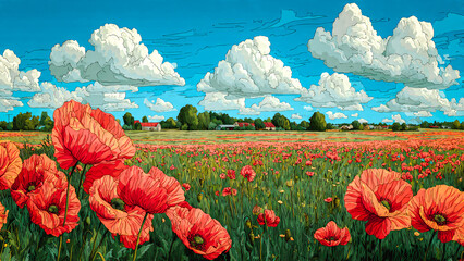 Champ avec coquelicots dans la campagne en été