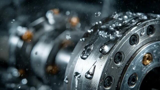 Closeup of advanced lubrication system using nanooil droplets to reduce friction on metal surfaces highlighting cuttingedge engineering solutions.