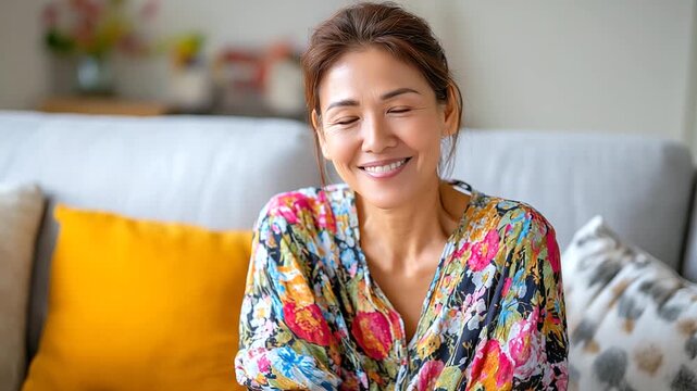 Happy older Asian mum on sofa, front-view smile to camera, mental health positivity, soft natural light, single parent day mood, with copy space
