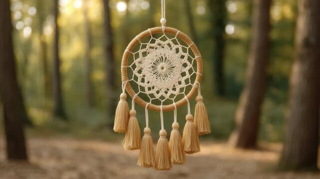 Exquisite Dreamcatcher Decorated with Natural Elements in a Serene Forest Setting 4k video footage