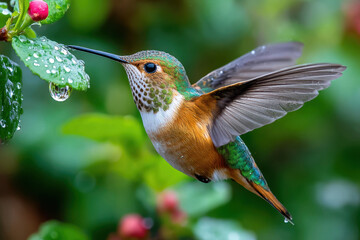 Fototapeta premium Hummingbird hovers near flower with water droplets