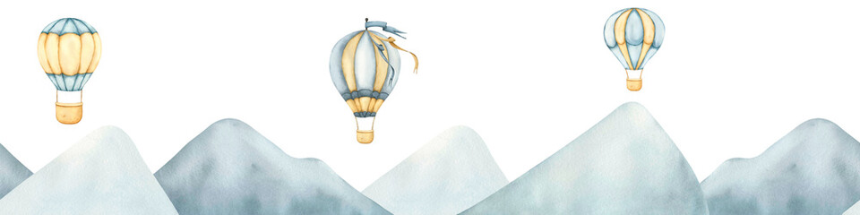 Seamless border Hot Air Balloons in clouds over the mountains. Hand drawn watercolor illustration airship floating above mountains in Pastel colors for children design. Wallpaper for kids nursery