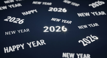 Dark background with luminous, glittery inscription "New Year 2026". Representing celebration, anticipation, and sparkling beginning of a new year.