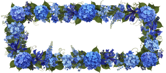 Rectangular frame of blue hydrangeas and green leaves