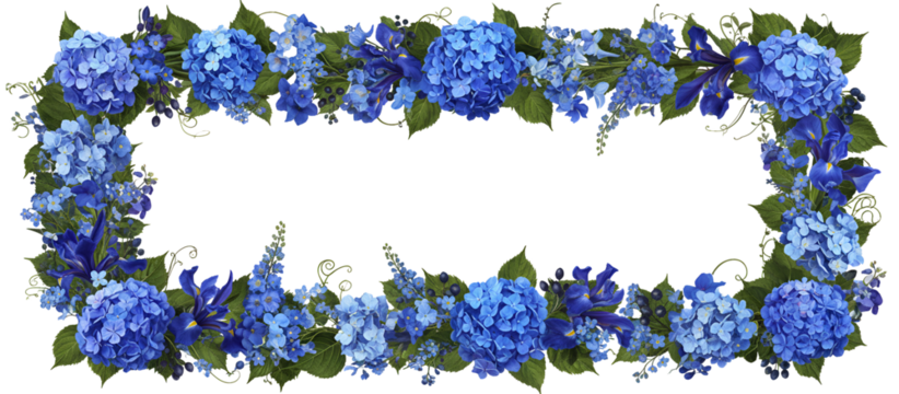 Rectangular frame of blue hydrangeas and green leaves