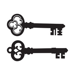 Vintage skeleton key silhouettes, antique key vector set, ornate retro lock keys