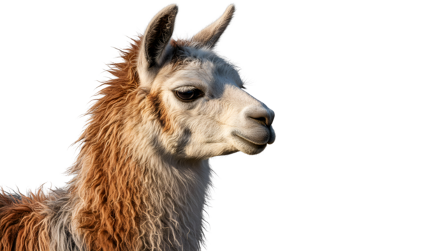 Side profile of a brown and white llama head