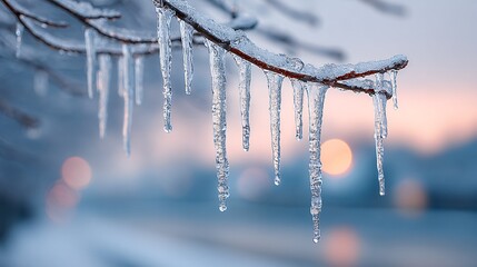 row of icicles hanging in winter light, frozen crystals with blurred blue backdrop