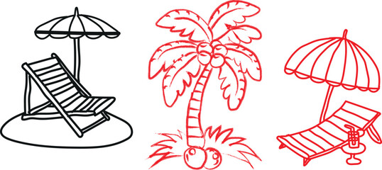 Simple line art of beach vacation elements with palm trees and chairs