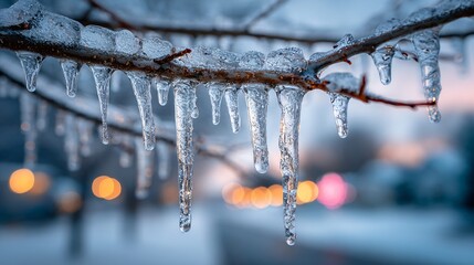 long icicles with soft golden bokeh lights, frozen ice formations in winter scene