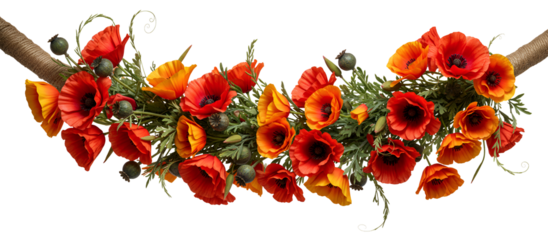 Hanging garland of red poppy flowers on rope