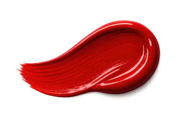 Red makeup swatch with a glossy texture, applying cosmetic product in a smear for beauty and fashion concepts