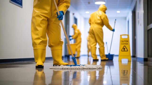 Professional cleaning crew wearing vibrant yellow protective suits mopping floors with caution sign