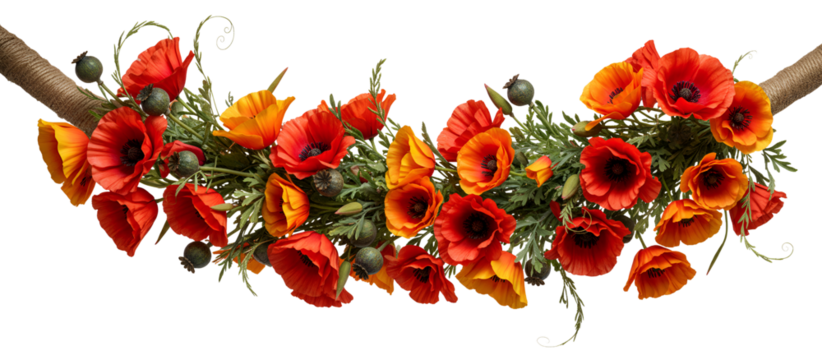Hanging garland of red poppy flowers on rope