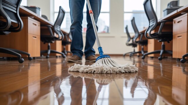 Ensuring a pristine workspace, A cleaner diligently mops the gleaming office floor for a fresh start