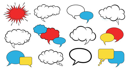 Collection of comic book style speech and thought bubbles in various shapes and colors.