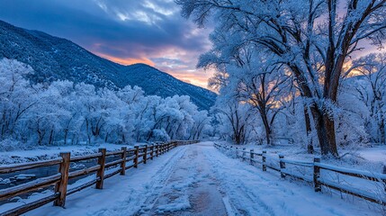 winter road with wooden fence at sunrise, frosty trees along quiet snowy path