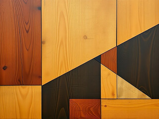 Abstract geometric collage of wooden panels in varied natural tones, from light yellow to dark brown, forming modern shapes like triangles and rectangles. Ideal for interior design, backgrounds