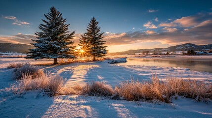 winter sunset over snowy field, glowing sun behind frosty trees and landscape
