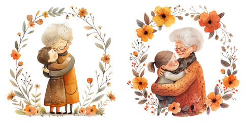 grandma hugging grandchild with flower wreath watercolor vector illustration