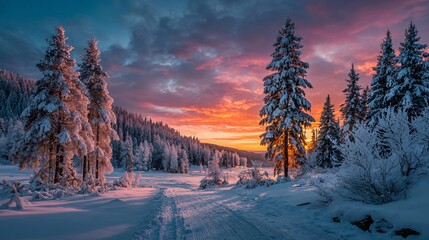 sunset over snowy river landscape, winter sky reflecting warm evening colors