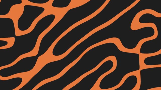 An eye-catching zebra pattern featuring thin, long black and orange stripes in a diagonal zigzag layout against a black background, creating a bold and dynamic visual effect