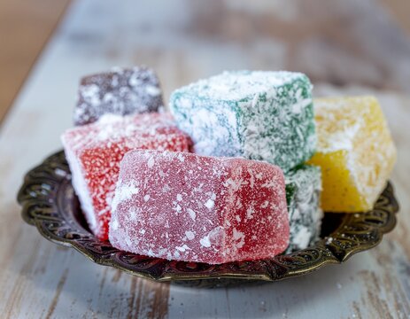Colorful turkish delight lokum sweets, bright pastel colours.