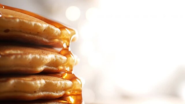 Stack of fluffy pancakes drizzled with golden syrup, set against a softly blurred, bright background