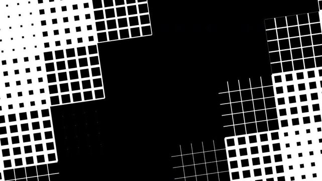 A sleek, modern design featuring black and white squares and rectangles arranged in a grid-like pattern with thin white lines, creating a minimalist and contemporary aesthetic