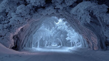 frozen cave arch with snowy landscape, icy cavern opening overlooking winter forest
