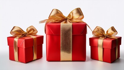 Obraz premium Three Red Gift Boxes With Gold Ribbon And Bows Isolated On Transparent Background
