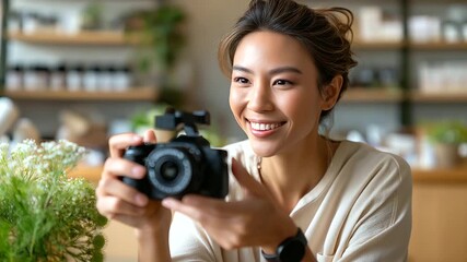 Health vlogger demo retail skincare, Asian woman filming on mobile, small SME store backdrop, friendly sales coaching, with copy space