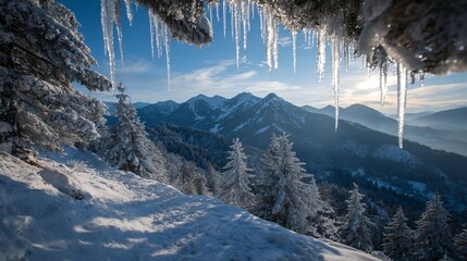 winter mountain valley with snowy forest, frosty hills and trees in cold blue light